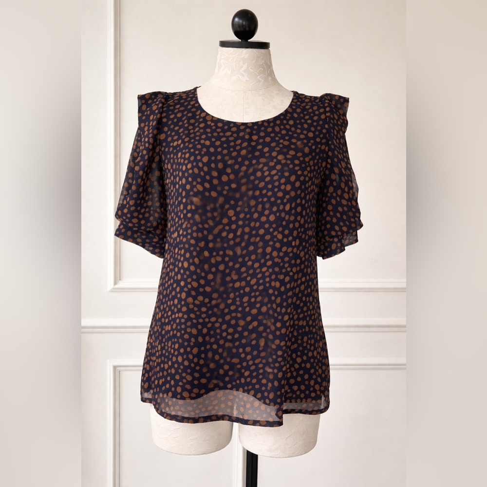 Women's Navy Blue & Brown Dot Flutter Sleeve Top